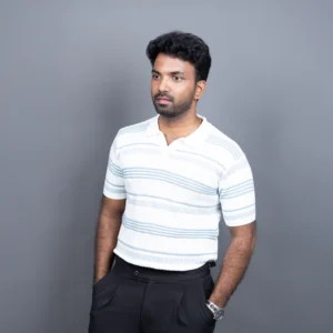 White and Blue Ribbed Striped Polo