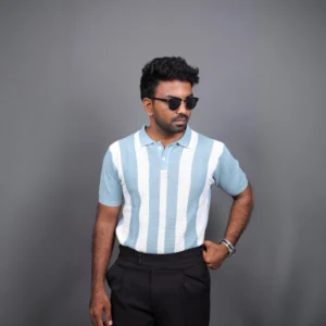 Light Blue and White Vertical Stripe Crochet Polo